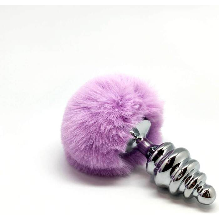 Металева анальна пробка Кролячий хвостик Alive Fluffy Twist Plug L Purple, діаметр 3,8 см