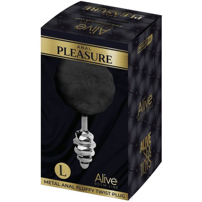 Металева анальна пробка Кролячий хвостик Alive Fluffy Twist Plug L Black, діаметр 3,8 см