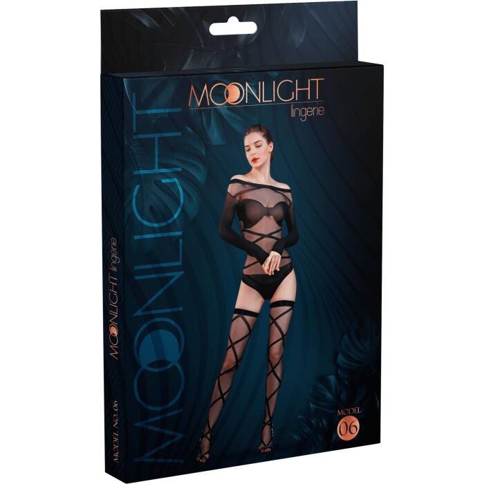 Комплект: боді та панчохи Moonlight Model 06 XS-L Black, довгі рукави, малюнок у вигляді ліфа, силуе