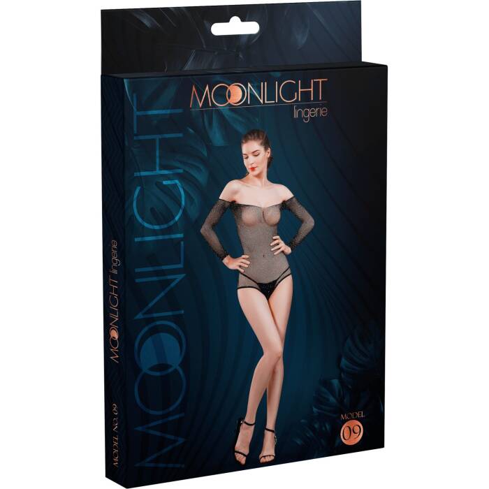 Сітчасте боді зі стразами Moonlight Model 09 XS-L Black, відкриті плечі