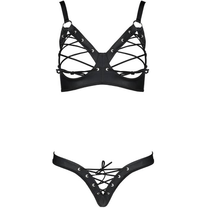 Комплект з екошкіри Passion CELINE BIKINI L/XL black, відкритий бра зі стрічками, стрінги