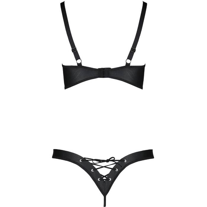 Комплект з екошкіри Passion CELINE BIKINI L/XL black, відкритий бра зі стрічками, стрінги