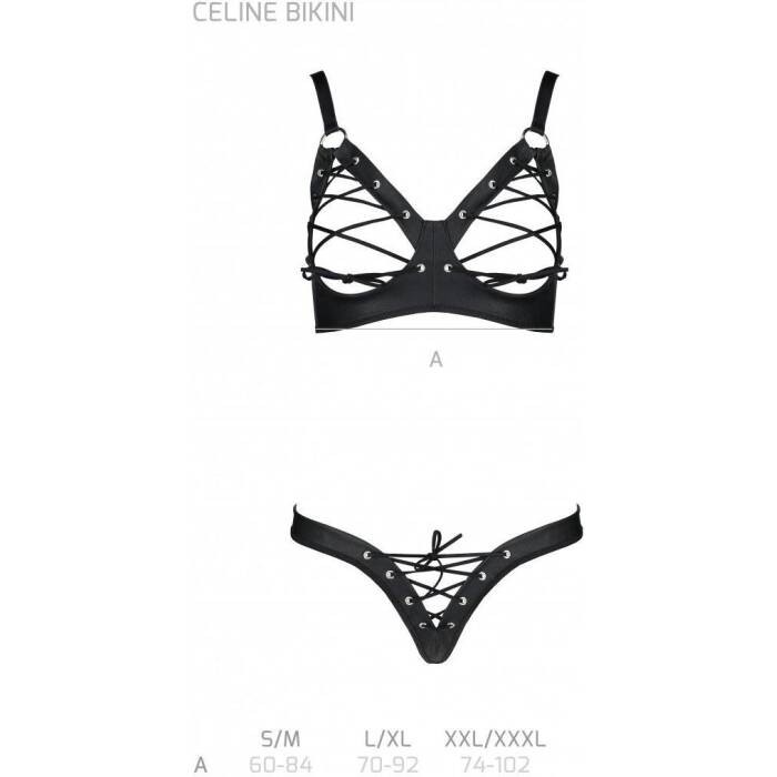 Комплект з екошкіри Passion CELINE BIKINI L/XL black, відкритий бра зі стрічками, стрінги