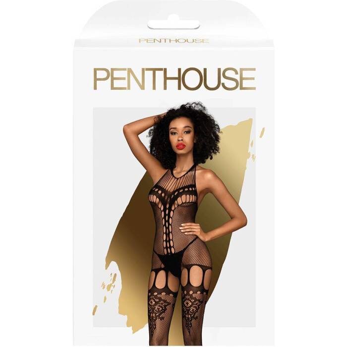 Бодістокінг Penthouse Fancy Me XL Black, відкритий доступ, фантазійний малюнок, імітація панчіх