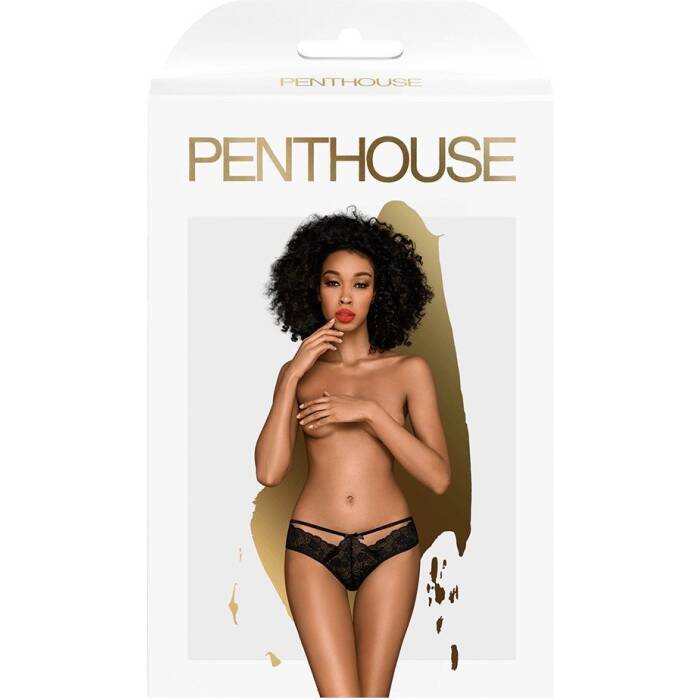 Трусики-бразиліана Penthouse Adore Me L/XL Black, квіткове мереживо, тоненькі ремінці, бантики