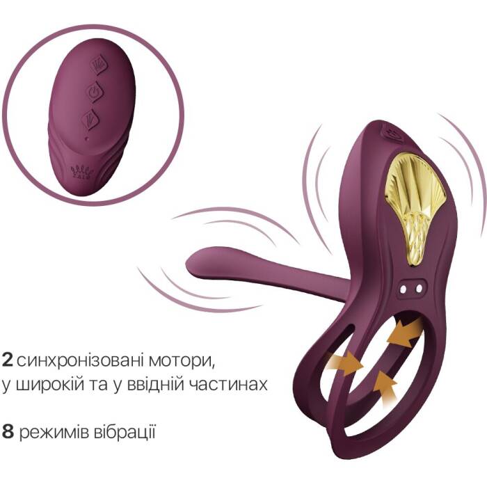 Смарт-ерекційне кільце Zalo - BAYEK Velvet Purple, подвійне з ввідною частиною, пульт ДК