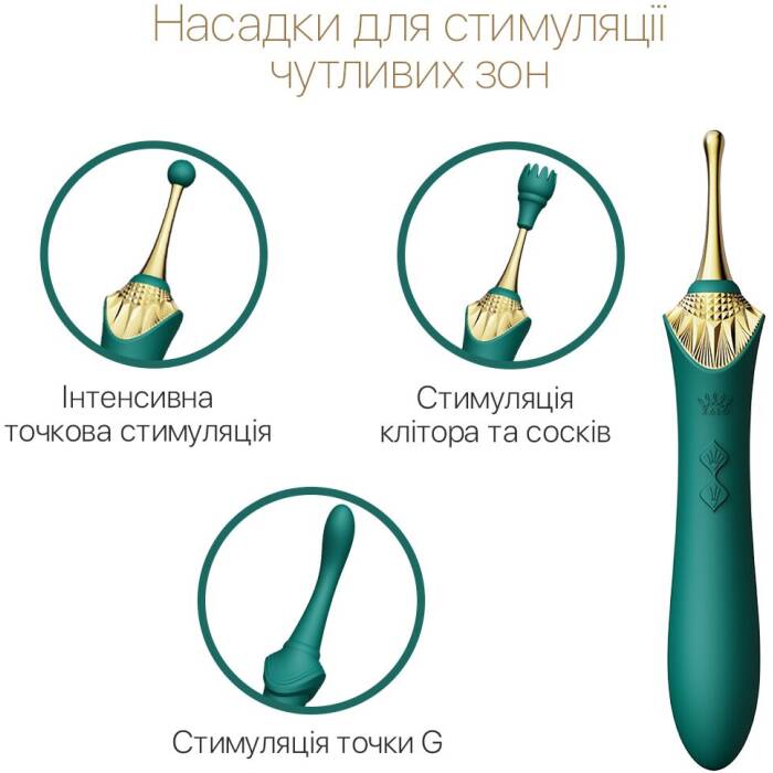 Вагінально-кліторальний вібратор Zalo — Bess Turquoise Green, багатофункціональний із насадками