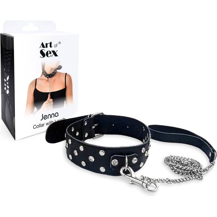Нашийник з повідцем із натуральної шкіри із заклепками Art of Sex - Jenna Collar with Leash, чорний