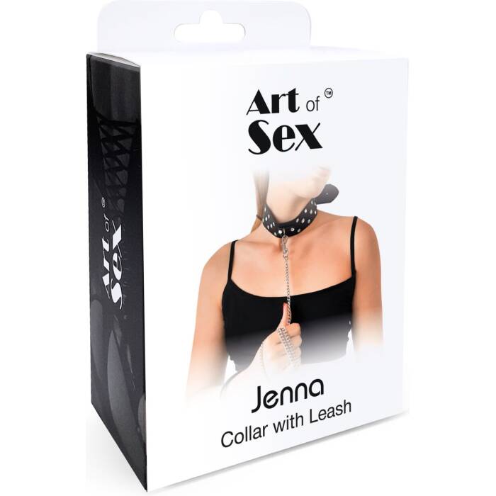 Нашийник з повідцем із натуральної шкіри із заклепками Art of Sex - Jenna Collar with Leash, чорний