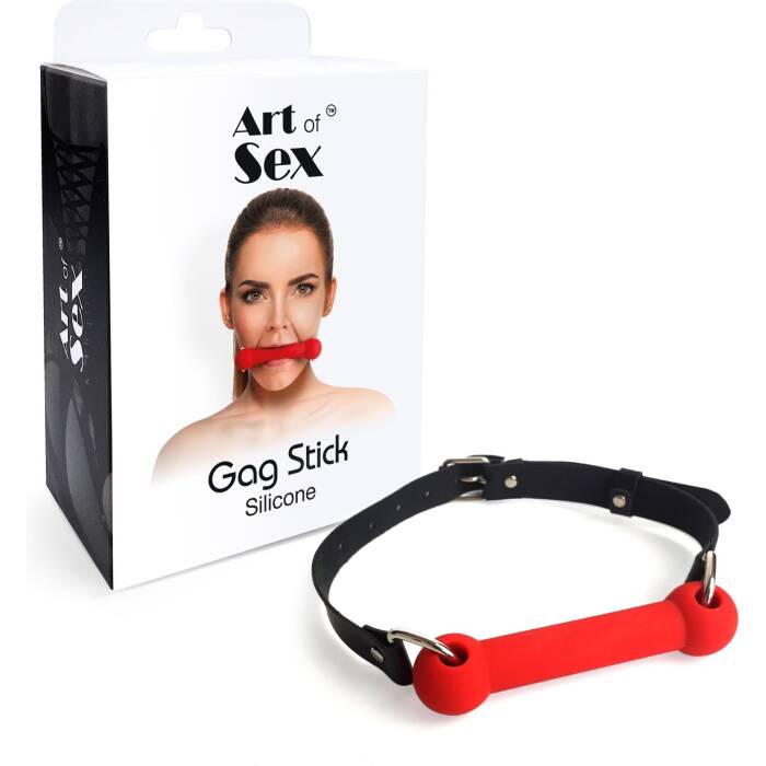 Кляп-палиця на ременях Art of Sex – Gag Stick Silicon, червоний, натуральна шкіра