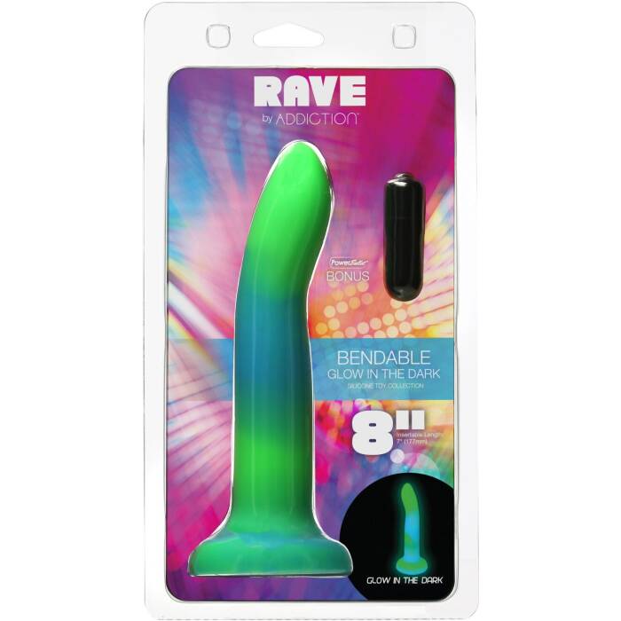 Фалоімітатор, що світиться в темряві, ADDICTION Rave 8″, Glow in the Dark Dildo Blue Green, 20,3 см