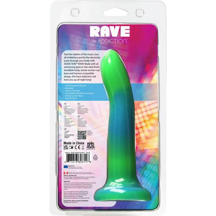 Фалоімітатор, що світиться в темряві, ADDICTION Rave 8″, Glow in the Dark Dildo Blue Green, 20,3 см