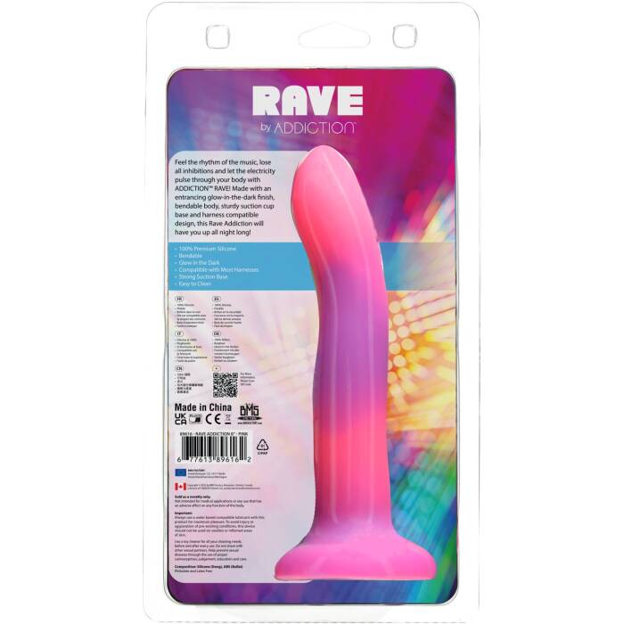 Фалоімітатор, що світиться в темряві, ADDICTION Rave 8″, Glow in the Dark Dildo Pink Purple, 20,3 см