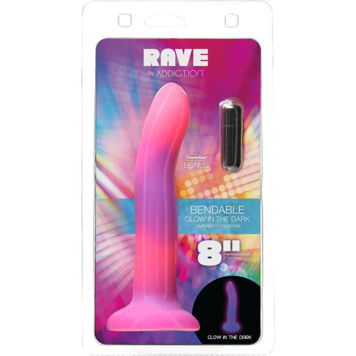 Фалоімітатор, що світиться в темряві, ADDICTION Rave 8″, Glow in the Dark Dildo Pink Purple, 20,3 см