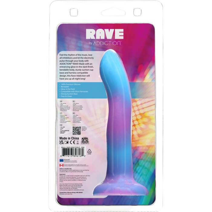 Фалоімітатор, що світиться в темряві, ADDICTION Rave 8″ Glow in the Dark Dildo Blue Purple, 20,3 см