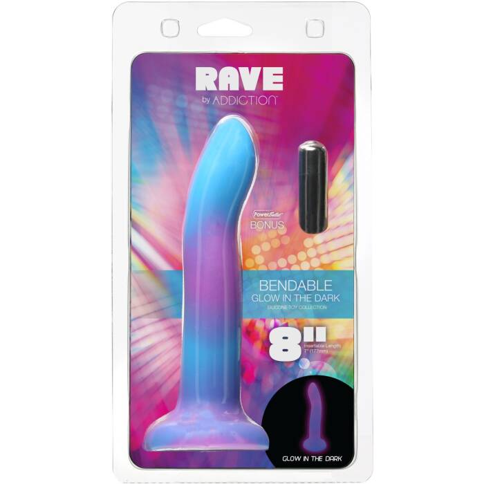 Фалоімітатор, що світиться в темряві, ADDICTION Rave 8″ Glow in the Dark Dildo Blue Purple, 20,3 см