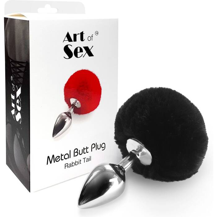 Металевий анальний затор М Art of Sex - Metal Butt plug Rabbit Tail, Чорний