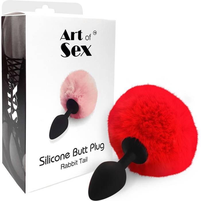 Силіконова анальна пробка М Art of Sex - Silicone Bunny Tails Butt plug Red, діаметр 3,5 см