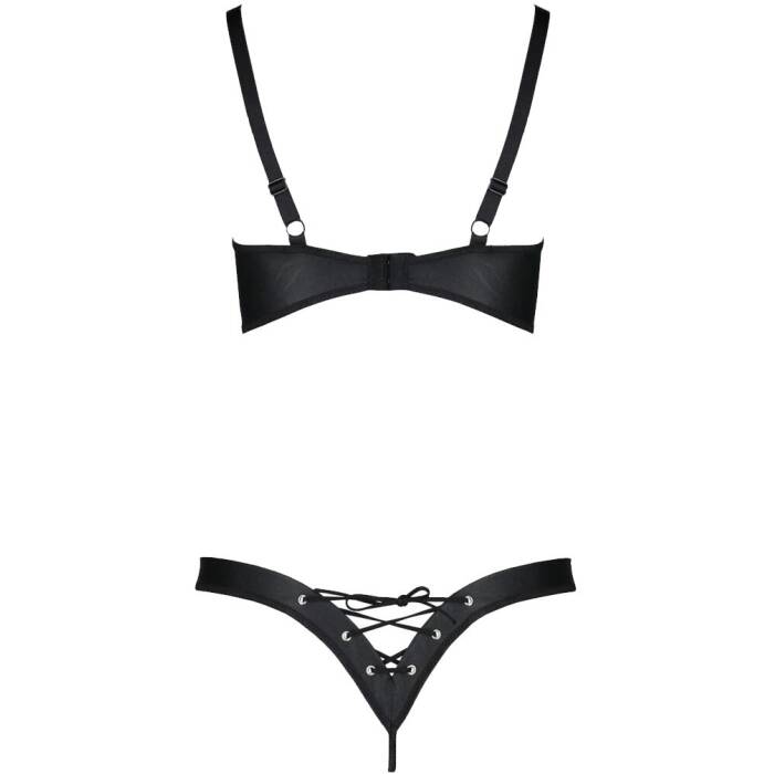 Комплект з екошкіри Passion CELINE BIKINI 4XL/5XL black, відкритий бра, стрінги зі шнурівкою