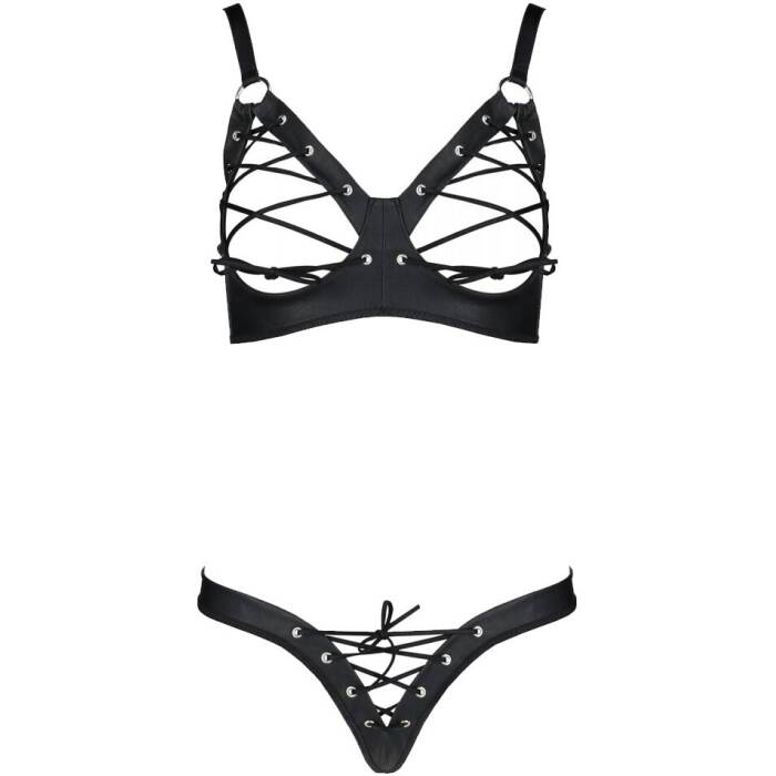 Комплект з екошкіри Passion CELINE BIKINI 4XL/5XL black, відкритий бра, стрінги зі шнурівкою