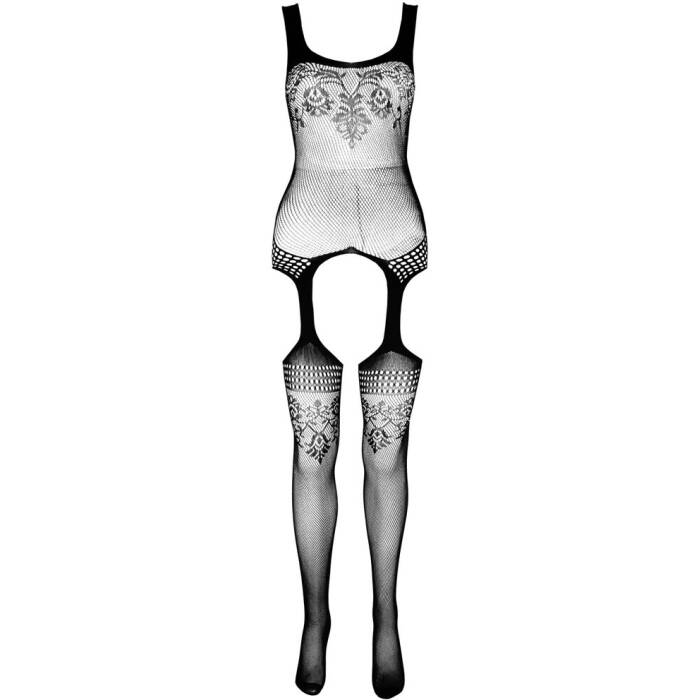Бодістокінг Passion ECO BS008 black, з доступом, флористичний декор, імітація підв’язок