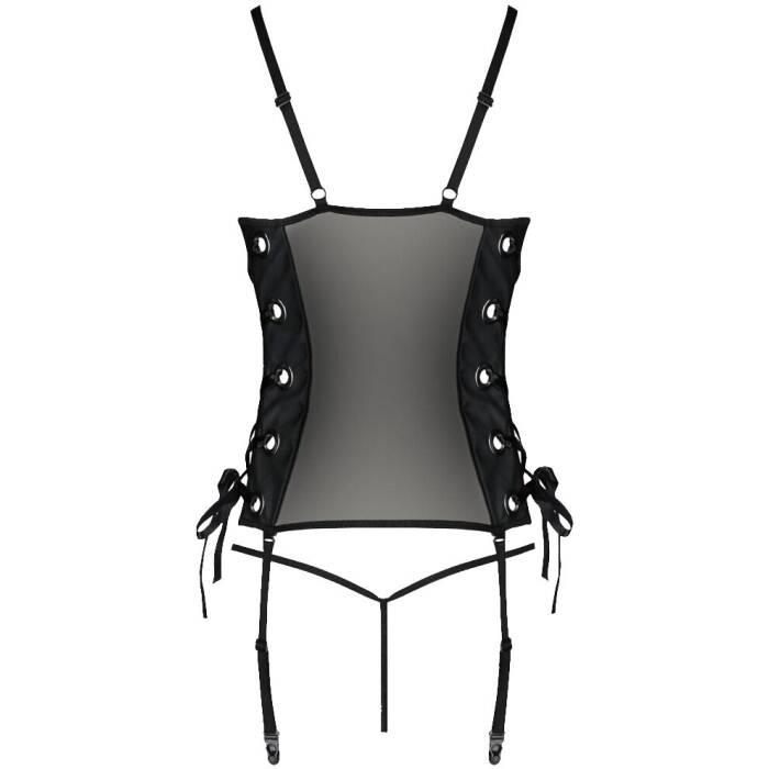 Сітчастий корсет з екошкіри Passion MALWIA CORSET 4XL/5XL black, з люверсами та знімними пажами