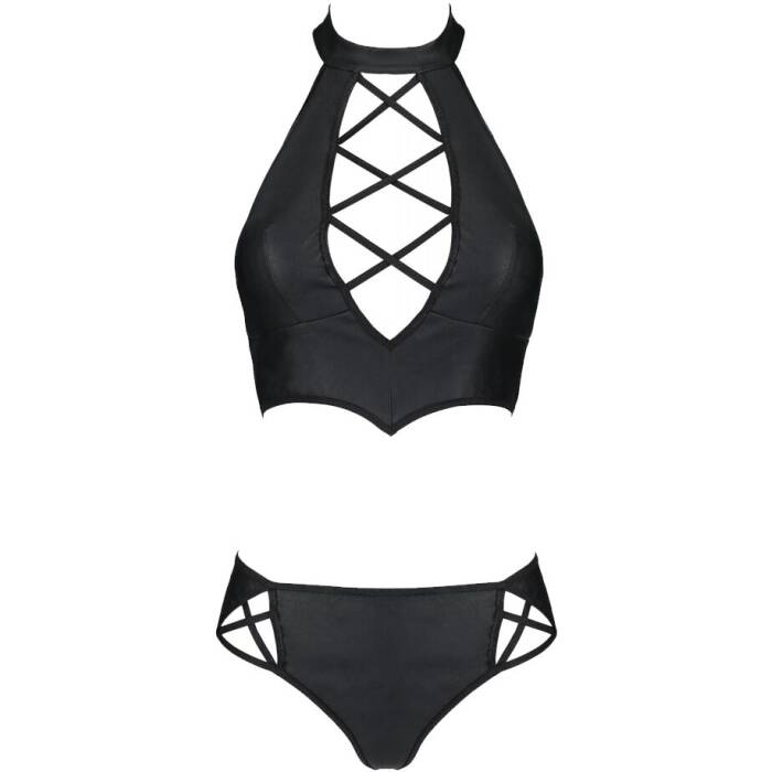 Комплект з екошкіри Passion NANACY BIKINI 4XL/5XL black, бра та трусики з імітацією шнурівки