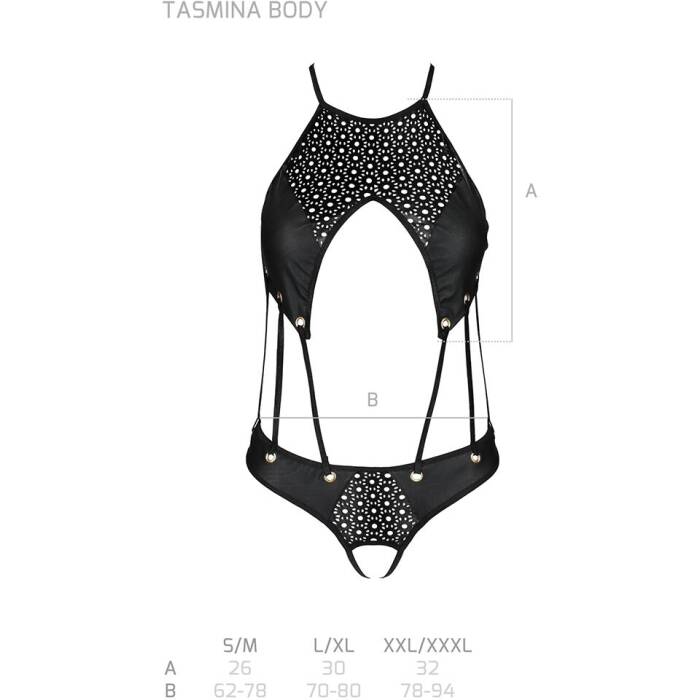 Боді з відкритим доступом Passion TASMINA BODY S/M, black, екошкіра, шнурівки, ажурні мережива