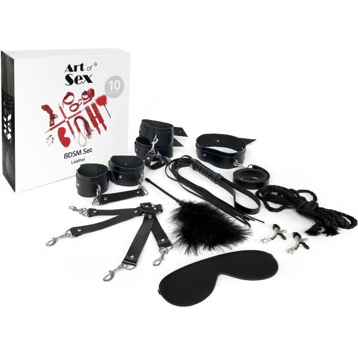 Набір BDSM Art of Sex – Set Leather, 10 предметів, чорний, натуральна шкіра