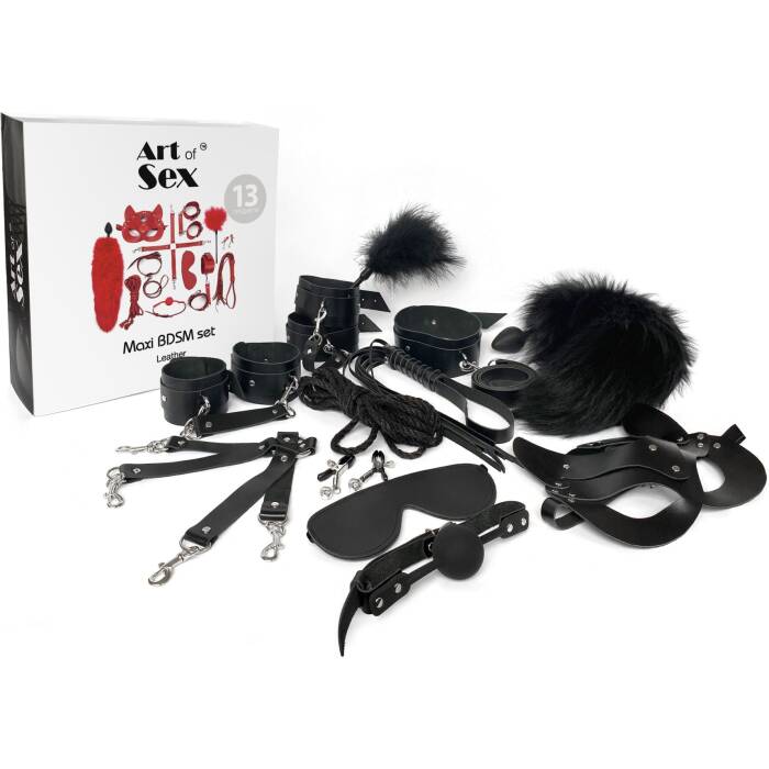 Набір BDSM Art Of Sex – Maxi BDSM Set Leather, 13 предметів, чорний, натуральна шкіра