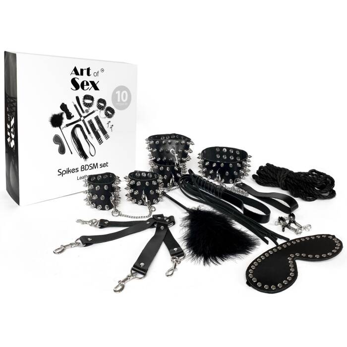 BDSM-набір Art of Sex – Spikes BDSM Set Leather, 10 предметів, чорний, натуральна шкіра