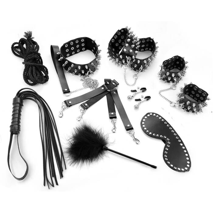 BDSM-набір Art of Sex – Spikes BDSM Set Leather, 10 предметів, чорний, натуральна шкіра