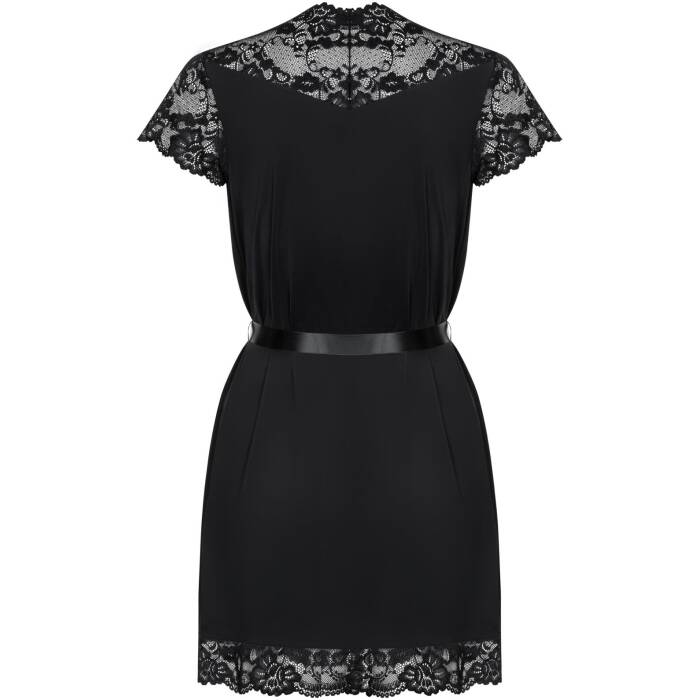 Сатиновий відкритий пеньюар на поясі Obsessive 810-PEI–1 peignoir black 2XL/3XL, чорний