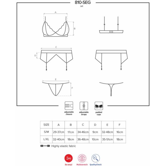 Мереживний комплект білизни Obsessive 810-SEG-1 L/XL Black, бюстгальтер, стрінги, пояс для панчіх