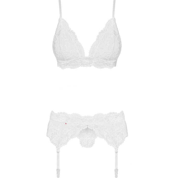 Мереживний комплект білизни Obsessive 810-SEG-2 S/M White, бюстгальтер, стрінги, пояс для панчіх