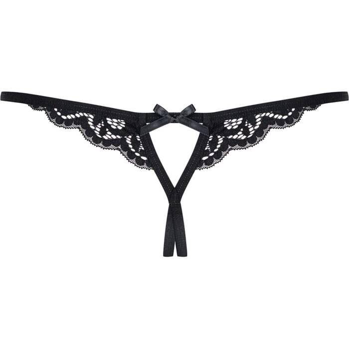 Мереживні танги з двома отворами Obsessive 831-THC-1 crotchless thong S/M, чорні, бантики