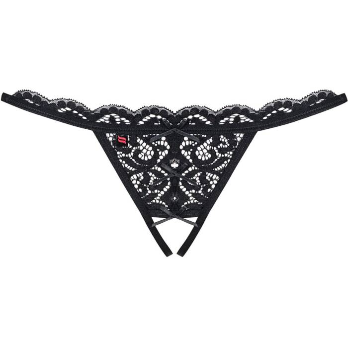 Мереживні танги з двома отворами Obsessive 831-THC-1 crotchless thong S/M, чорні, бантики