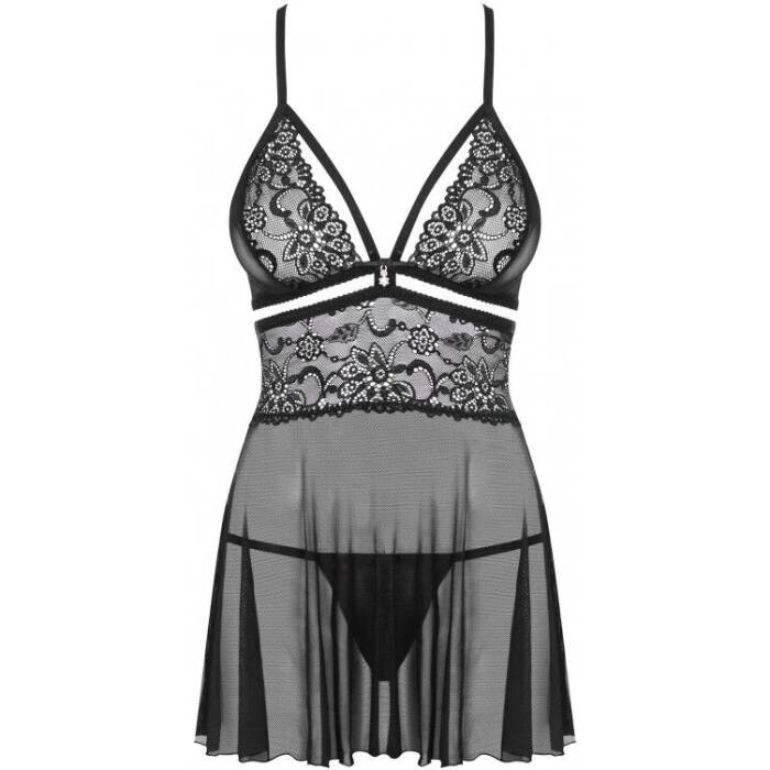 (SALE) Еротичний мереживний комплект із сіточкою Obsessive 838-BAB-1babydoll & thong black S/M, чорний, пен