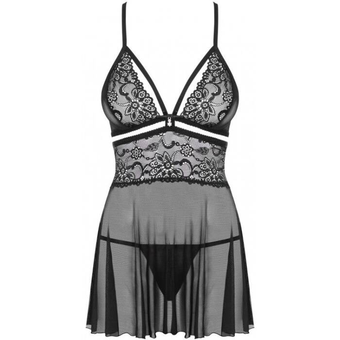 Еротичний мереживний комплект із сіточкою Obsessive 838-BAB-1 babydoll & thong black L/XL, чорний, п