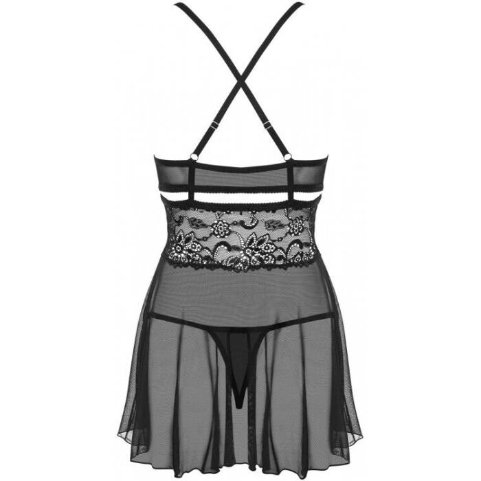 Еротичний мереживний комплект із сіточкою Obsessive 838-BAB-1 babydoll & thong black L/XL, чорний, п