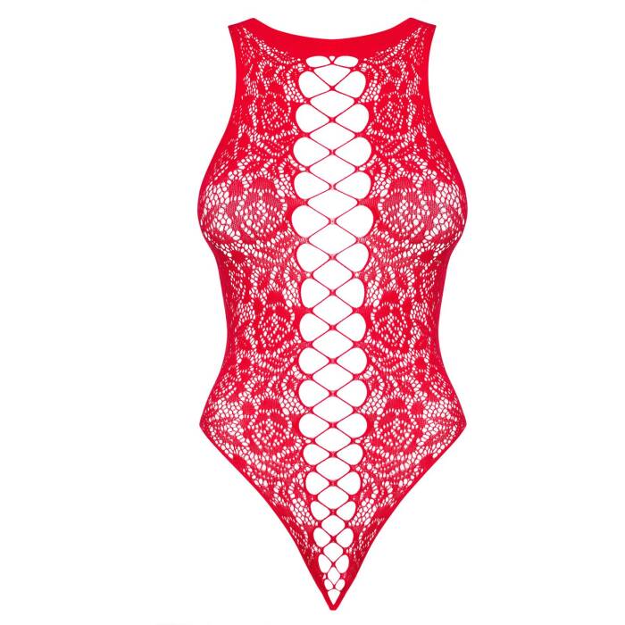 (SALE) Ажурний бодістокінг із ефектом шнурівки Obsessive B120 teddy red S/M/L, червоний