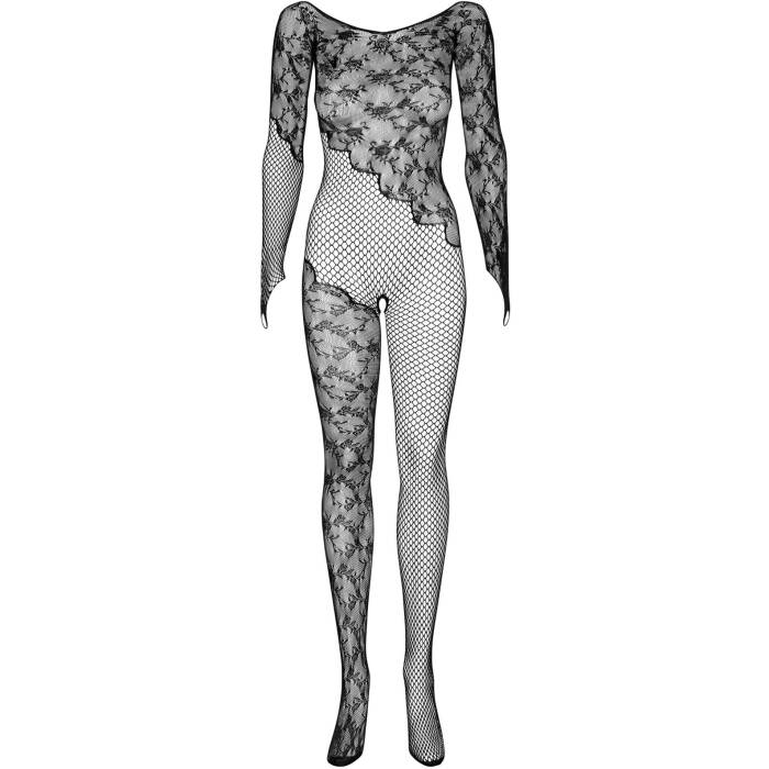 (SALE) Бодістокінг Obsessive Bodystocking F210 S/M/L black, рукава-мітенки, сітка, кольорове мереживо