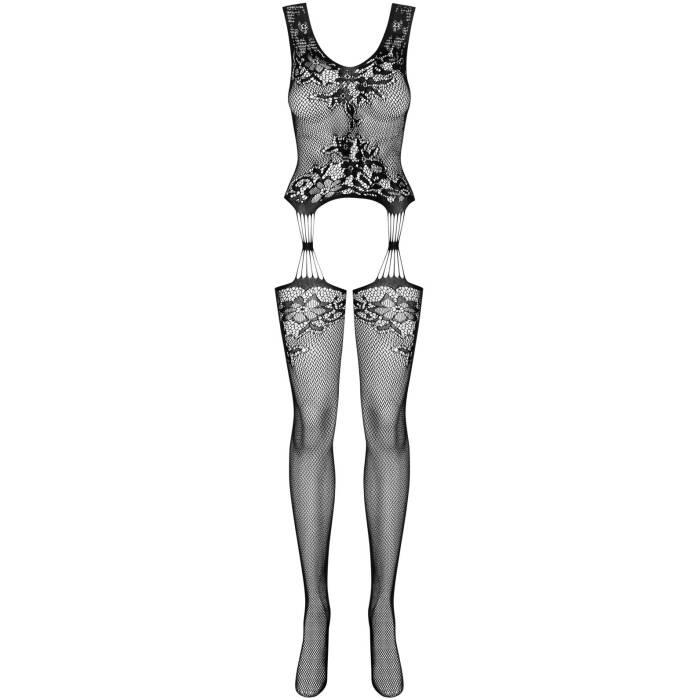 Бодістокінг Obsessive Bodystocking F221 S/M/L, силуетний малюнок з квітковими мотивами, імітація пан