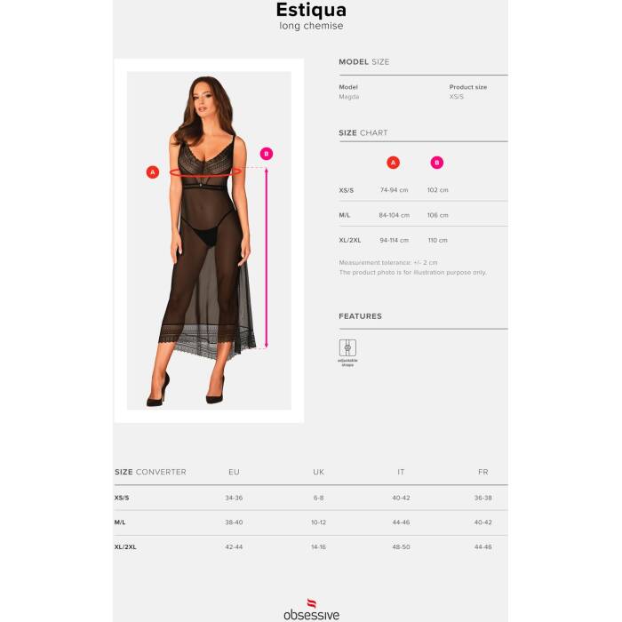 (SALE) Напівпрозора довга сорочка Obsessive Estiqua chemise XS/S, чорний, асиметричний крій