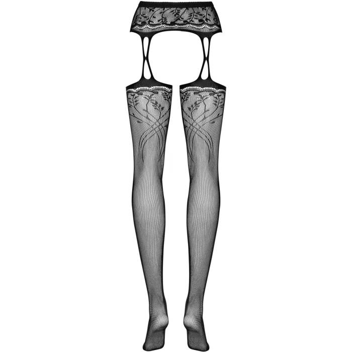 Панчохи-стокінги з рослинним малюнком Obsessive Garter stockings S206 black S/M/L чорні, імітація га