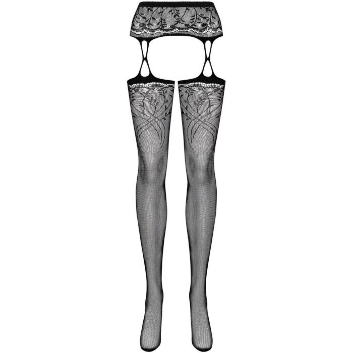 Панчохи-стокінги з рослинним малюнком Obsessive Garter stockings S206 black S/M/L чорні, імітація га