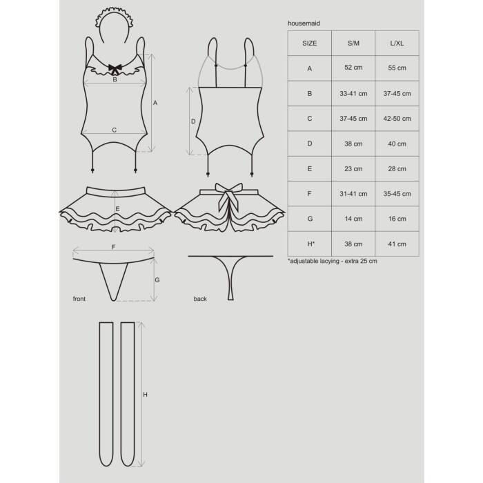 Еротичний костюм покоївки зі спідницею Obsessive Housemaid 5 pcs costume L/XL, чорно-білий, топ з пі