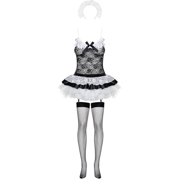 Еротичний костюм покоївки зі спідницею Obsessive Housemaid 5 pcs costume L/XL, чорно-білий, топ з пі