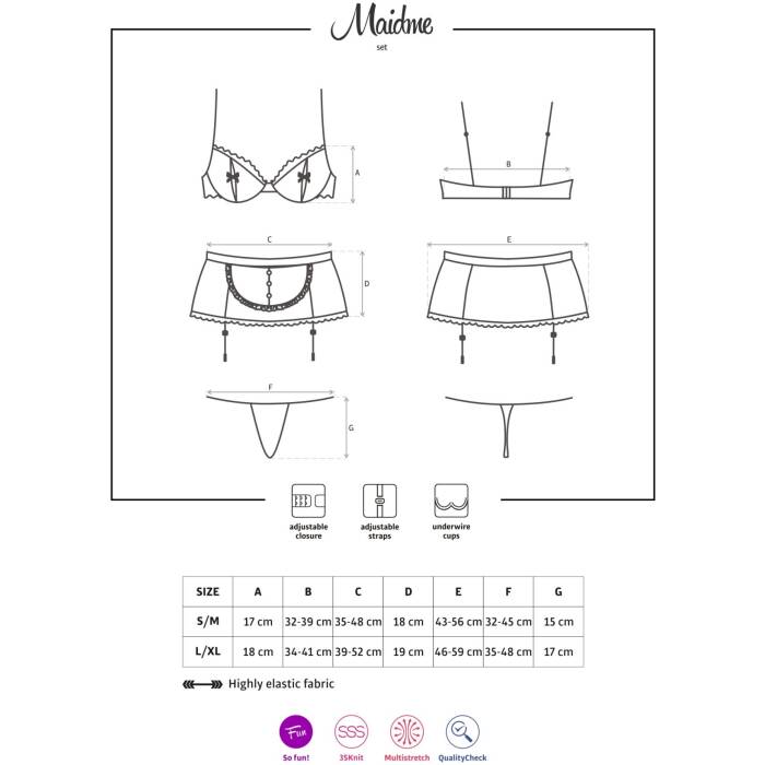 Еротичний костюм покоївки Obsessive Maidme set 5pcs S/M, бюстгальтер, пояс з фартухом, панчохи, стрі