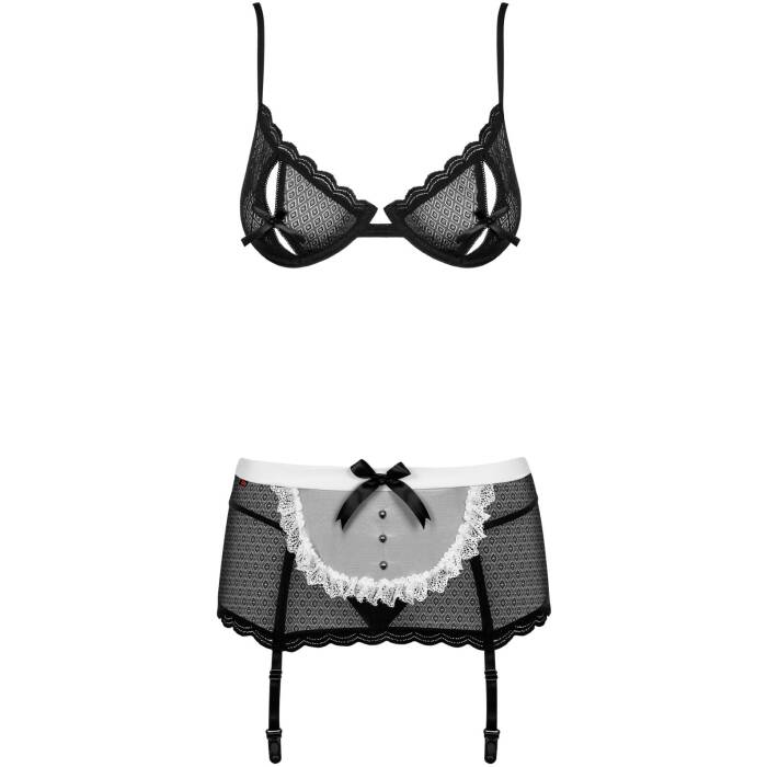 Еротичний костюм покоївки Obsessive Maidme set 5pcs S/M, бюстгальтер, пояс з фартухом, панчохи, стрі